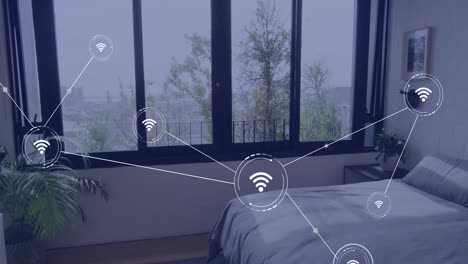 Animation-Eines-Netzwerks-Von-Verbindungen-Mit-Symbolen-über-Dem-Schlafzimmer