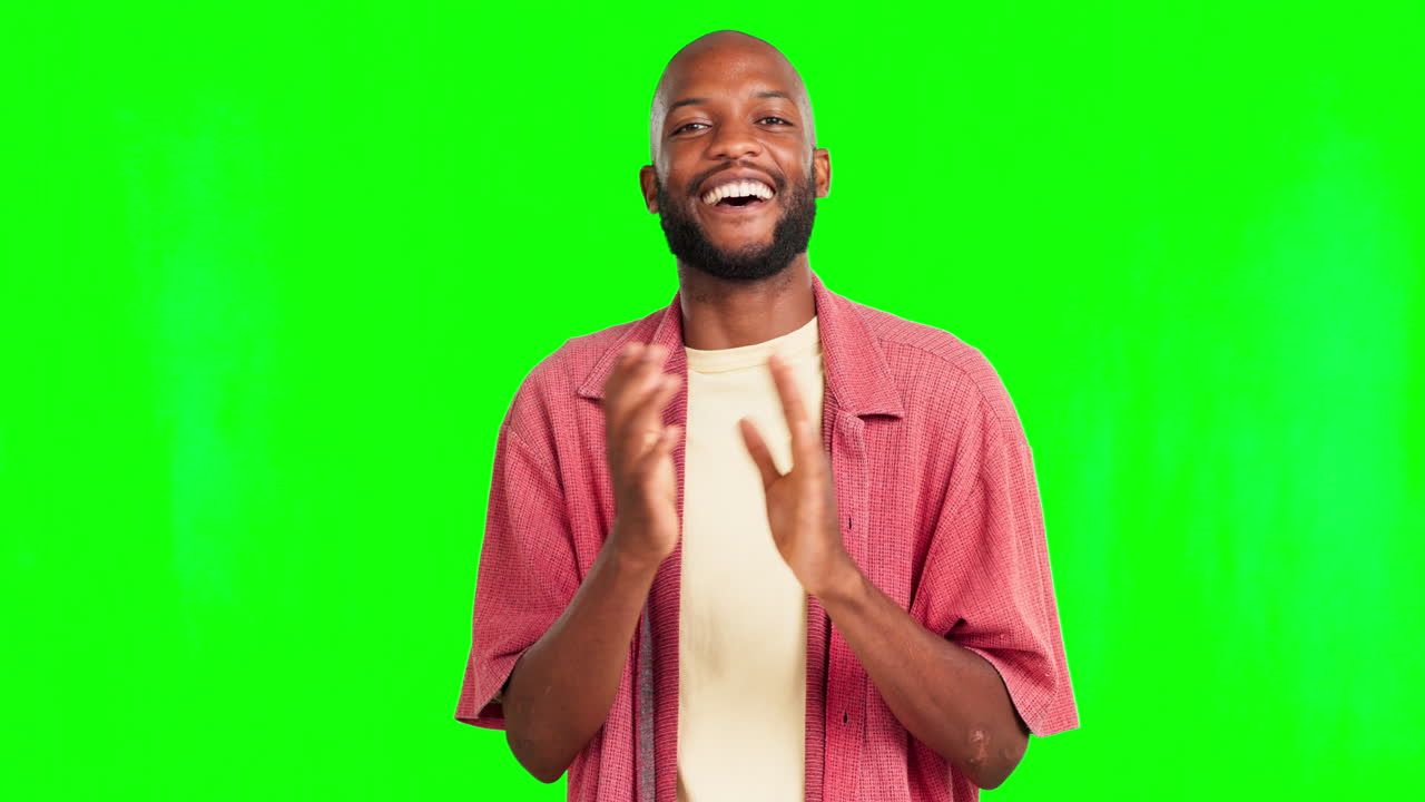 Clapping, green screen and man face in success