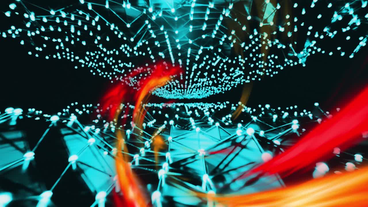 la luz roja y naranja se arremolinan sobre una red de luces blancas azules sobre fondo negro