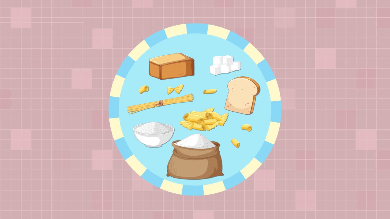 Various carbohydrate-rich foods animate into view, floating on a circular blue plate, pink backdrop