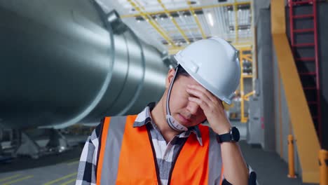 Close Up Of Asian Male Engineer With Safety Helmet Having A Headache While Standing In Pipe Manufacturing Factory