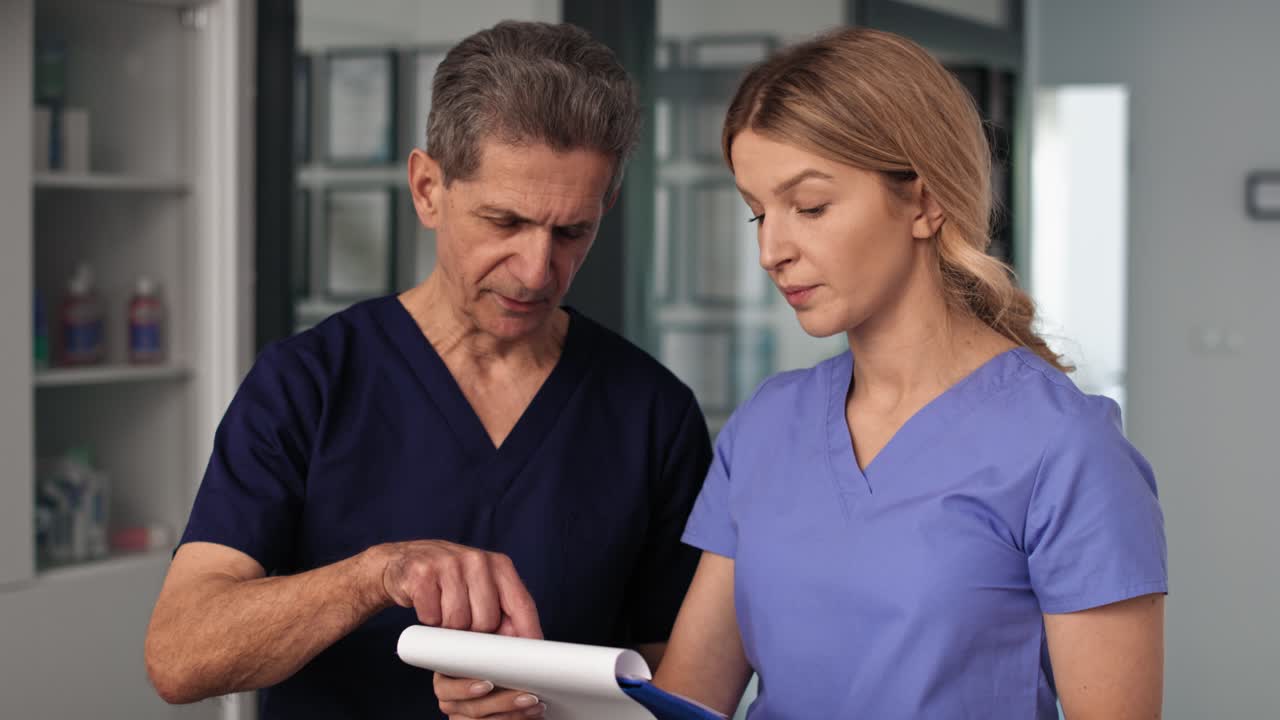 dos médicos caucásicos analizando exámenes médicos.