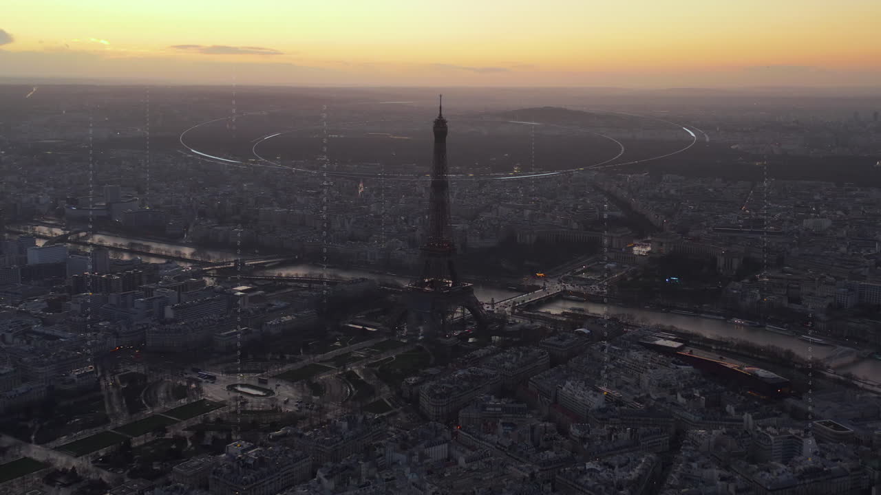 Smart city connecting communication network - Paris skyline Eiffel tower sunset background - 3D render animation