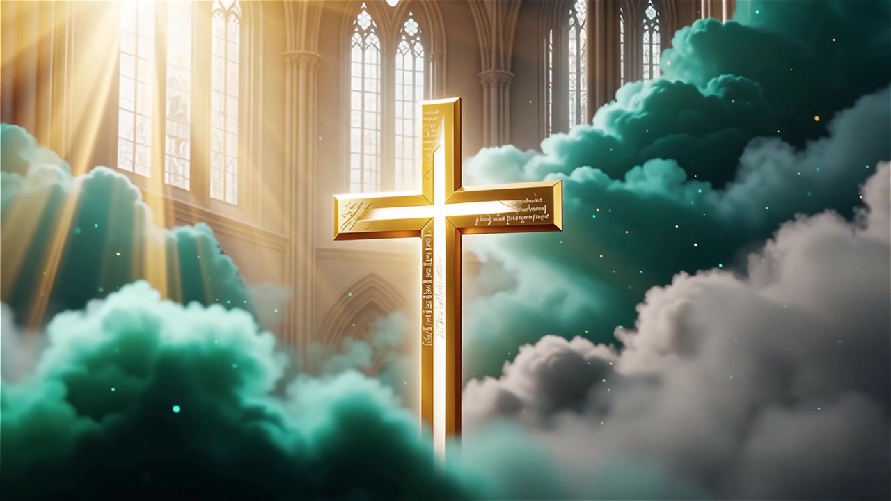Croix chrétienne, lumière céleste, fond de culte.