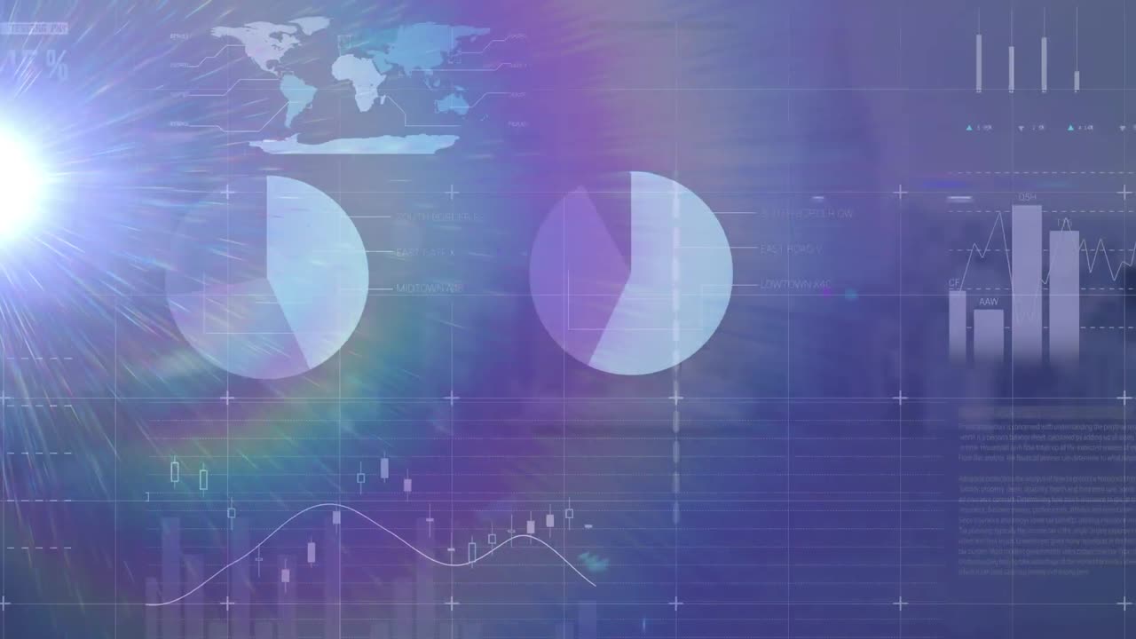 animación de mapas del mundo, gráficos y gráficos procesamiento de datos con luces sobre el paisaje urbano