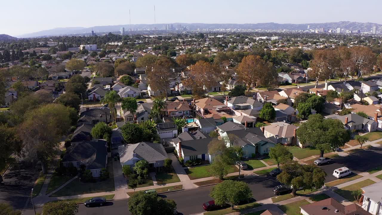 Reverse aerial shot of a South LA neighborhood