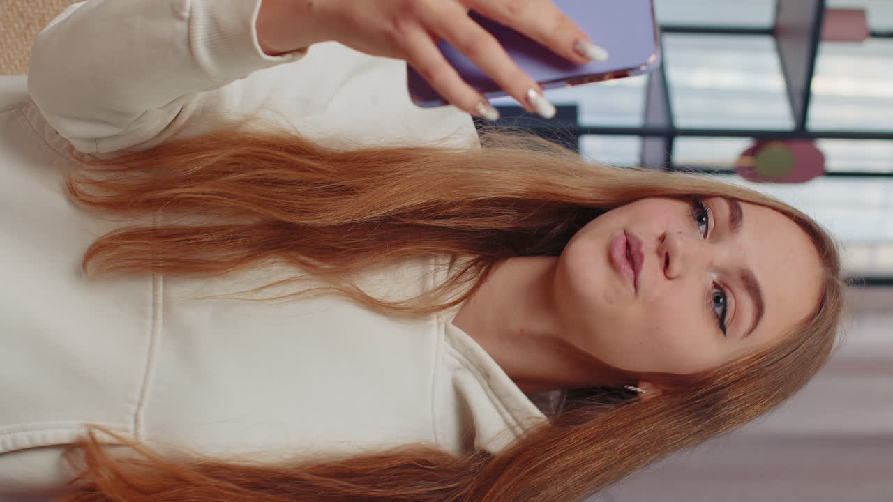 소녀 블로거 인플루언서가 소셜 미디어 팔로워와 전화 통화를 하고 있습니다.