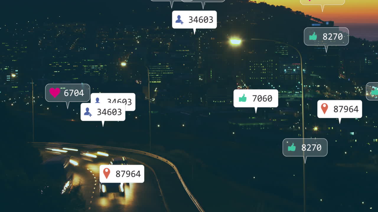 Animation of social media icons and data processing over city lights