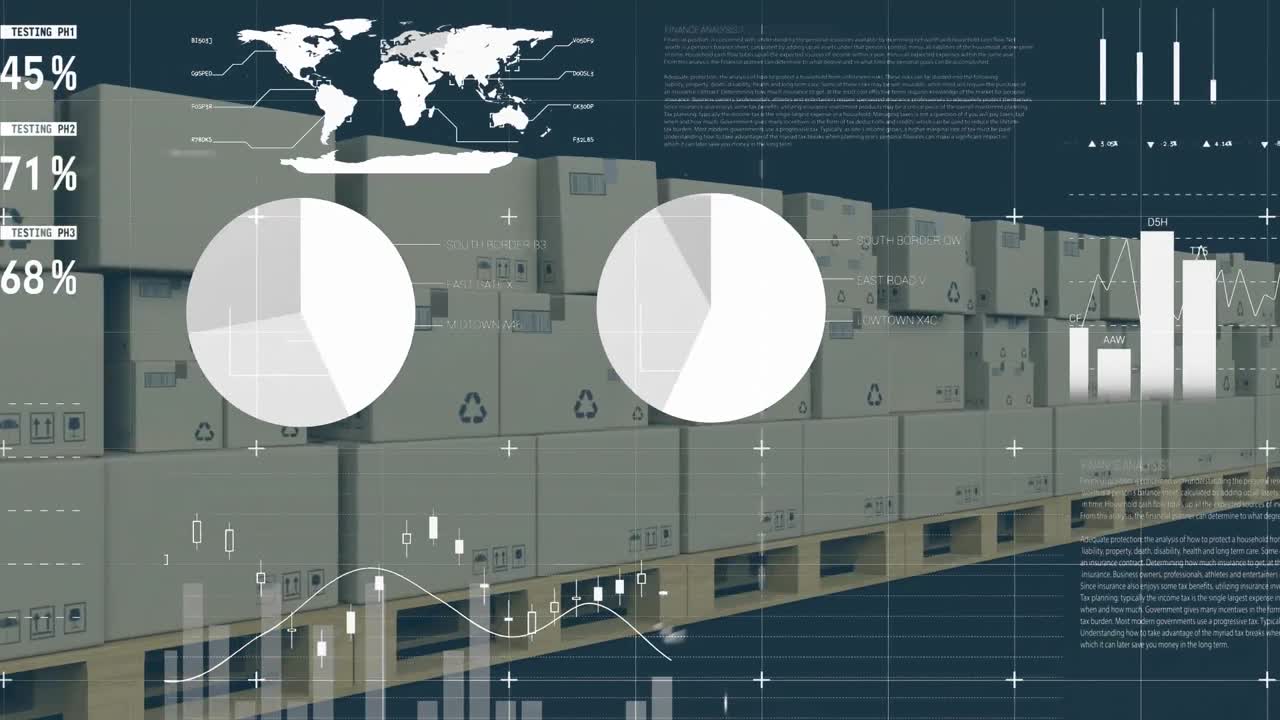 procesamiento de datos estadísticos contra múltiples cajas en la cinta transportadora contra un fondo azul