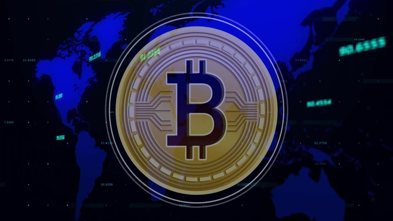 animación del símbolo de bitcoin en el mapa del mundo