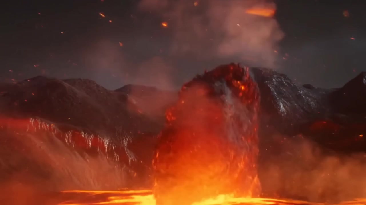 夜、火口が開いて溶岩と火山灰を噴出し、立ち上る噴煙が上がり、溶岩湖が形成される。