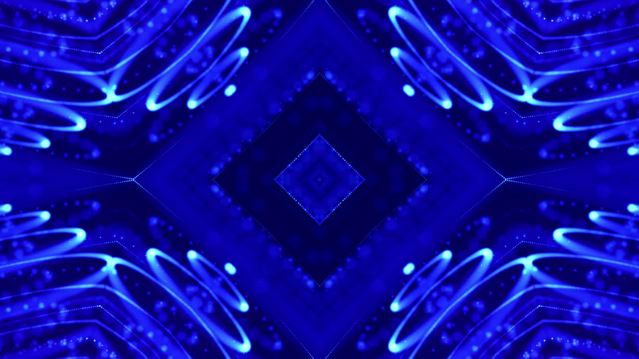 4k looped sci-fi 3d fondo con efectos de luz. partículas azules brillantes forman líneas, superficies, estructuras simétricas complejas como en el caleidoscopio. tema abstracto de microworld o nanotecnología 23