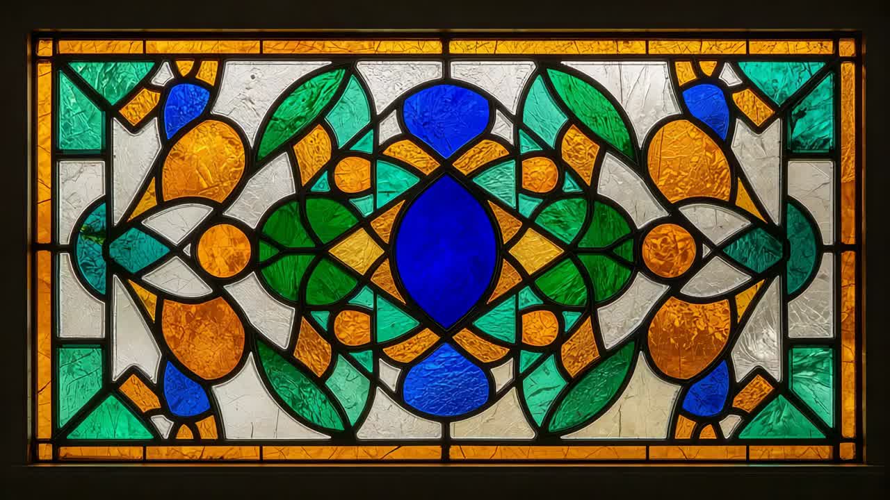 Zooming camera on stained glass panel on wall, highlighting blue green amber glass and black cames