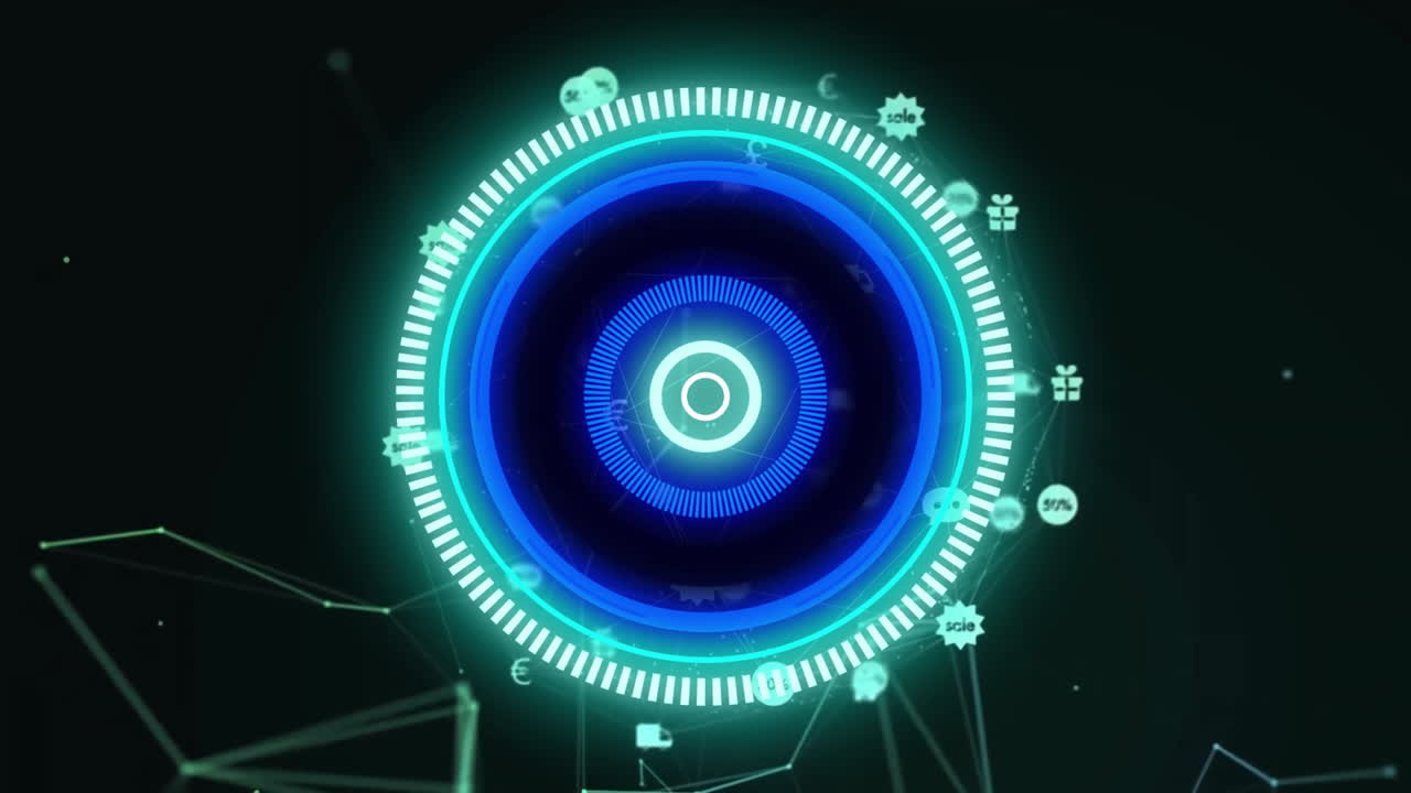 Animation of blue circular scanner processing over network of retail icons on black background