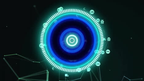 animation of blue circular scanner processing over network of retail icons on black background