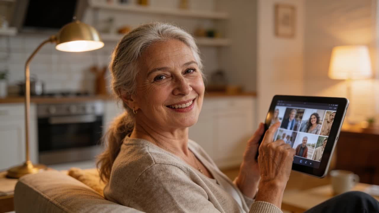Donna anziana che tocca e risponde a una chiamata di gruppo su un tablet a casa, selezionando un'anteprima da una griglia.