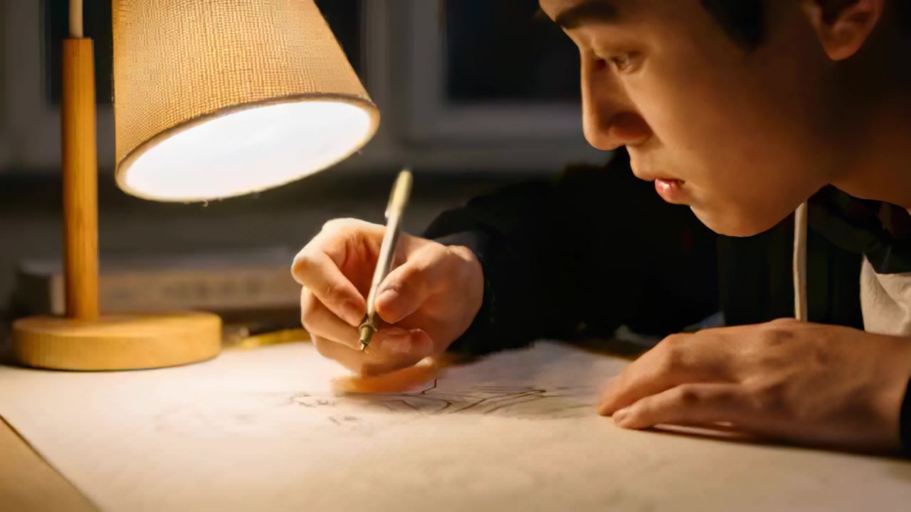 ชายชาวเอเชียวางปากกาเชิงกลวาดเส้นละเอียดบนโต๊ะทำงานที่มีโคมไฟ ประคองกระดาษ สวมเสื้อฮู้ดสีเข้ม