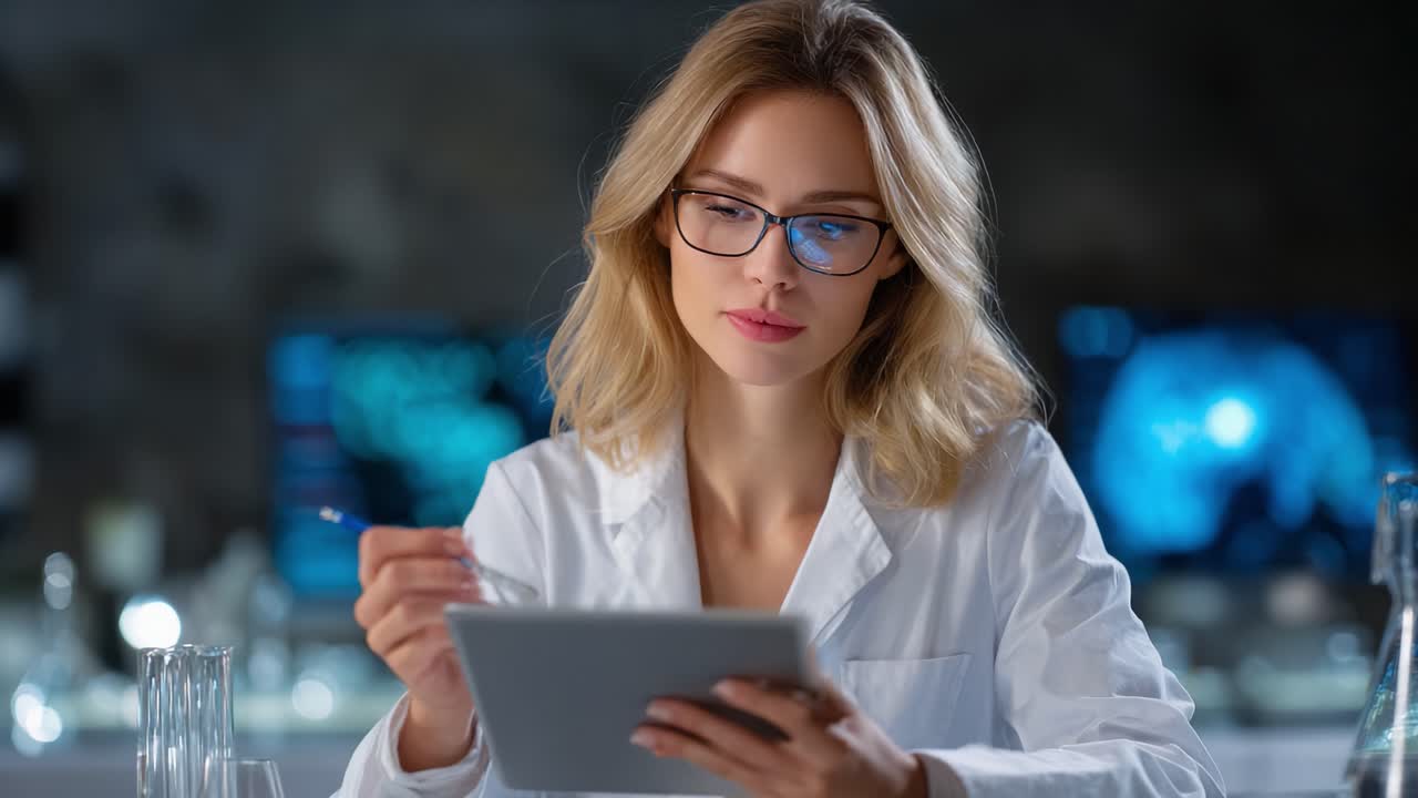 Focused Scientist Analyzing Data on a Tablet in a Modern Research Lab, Illustrating the Intersection of Technology and Scientific Inquiry