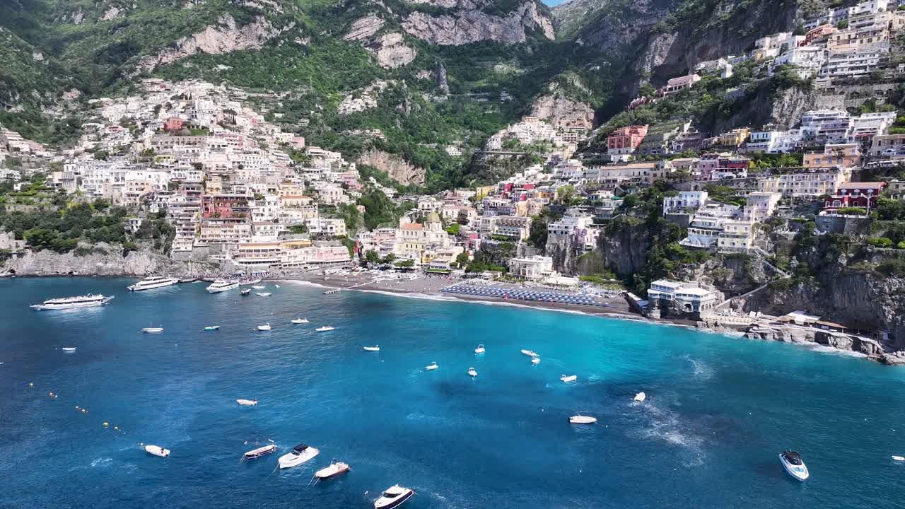 Amalfi Coast At Positano In Salerno Italy. Coastal City. Waterfront Landscape. Amalfi Coast At Positano In Salerno Italy. Beach Scenery. Medieval Buildings. Amalfi Coast Skyline