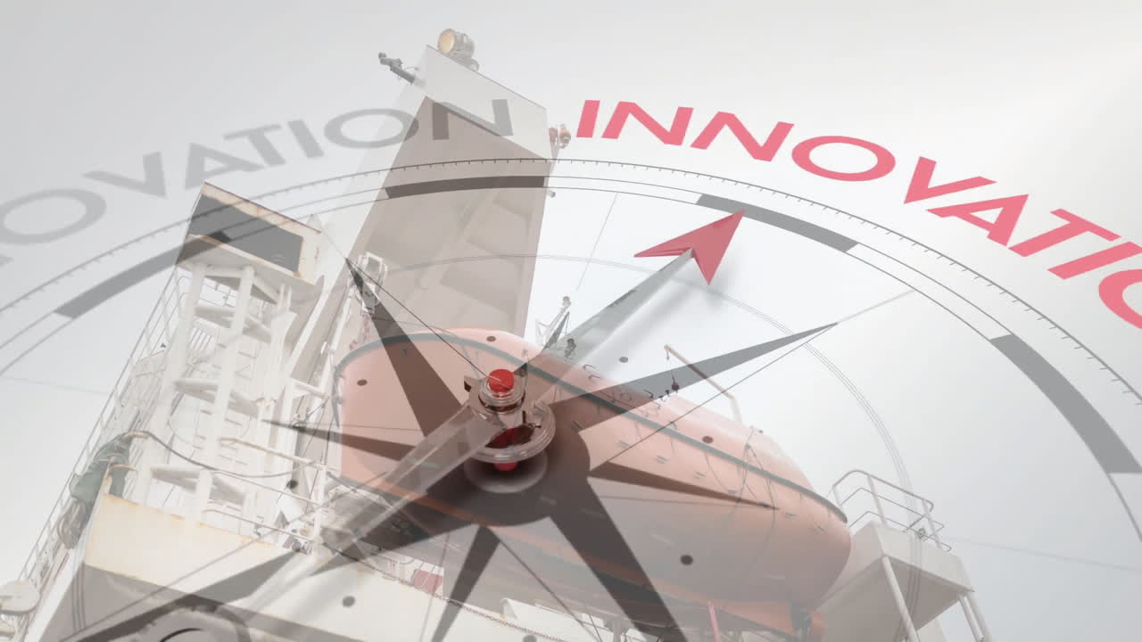 animación de la brújula girando con motivación y texto de negocios sobre el barco