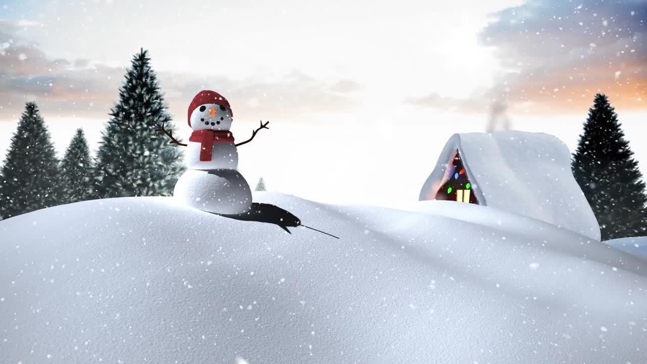 nieve cayendo sobre la mujer de nieve y la casa en el paisaje de invierno contra el cielo