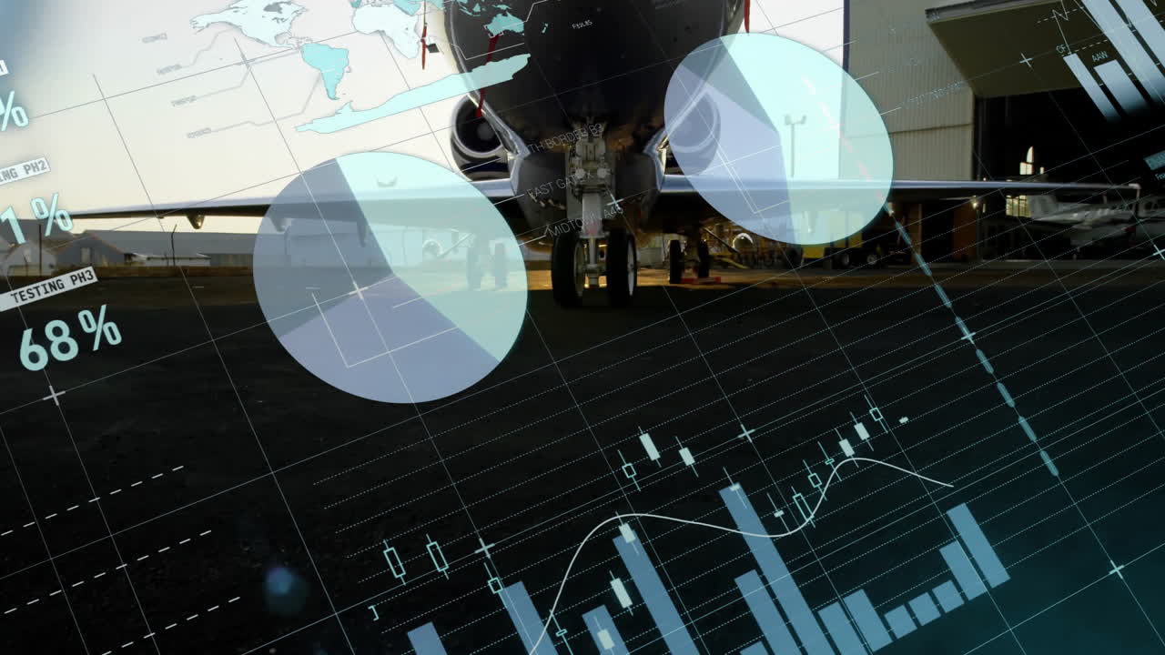 Airplane on tarmac with financial data and world map overlay animation