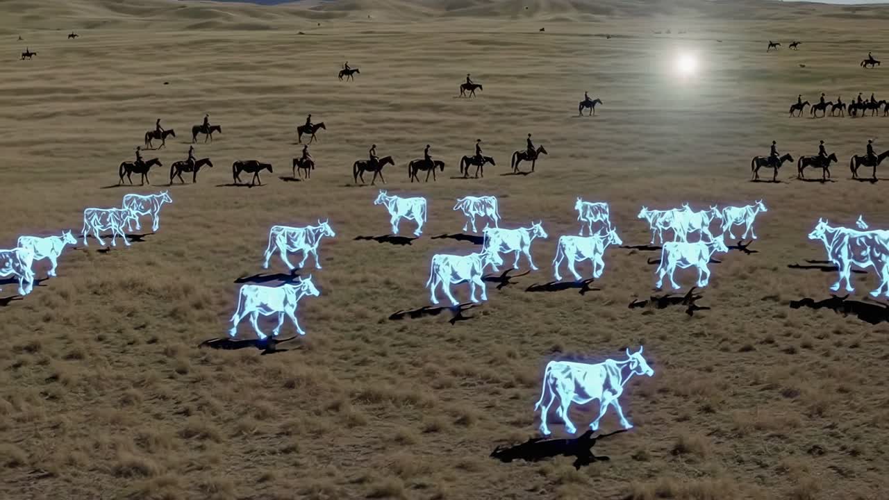Ranch scene with cows and cowboys