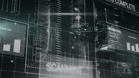 animation of interface with data processing over mathematical equations against black background