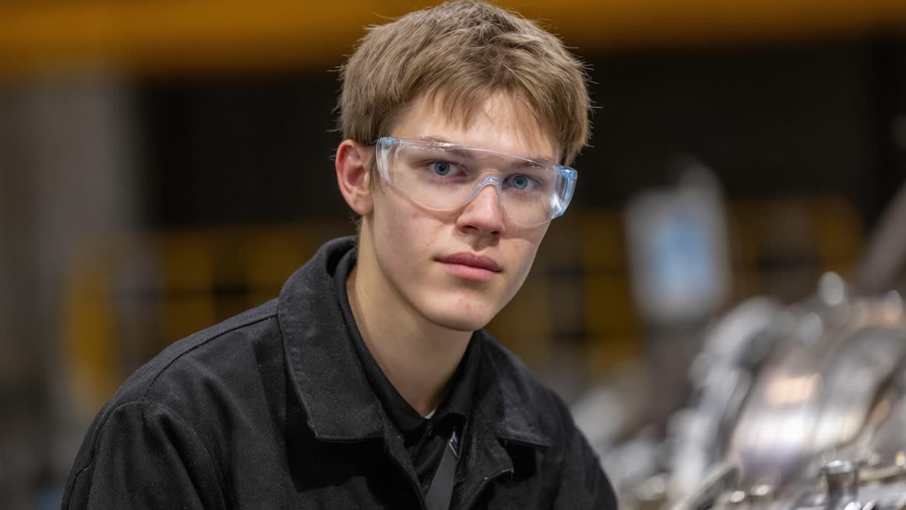 A Young Technician in Protective Gear Engages with Machinery, Showcasing Safety and Focus in an Industrial Environment, Highlighting the Importance of Careful Attention to Detail