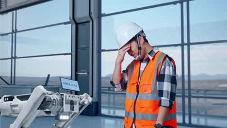 ingeniero estresado enfrentando un problema con un robot en una instalación industrial moderna