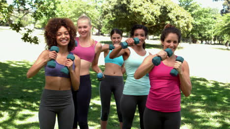 fitness class working out together with dumbbells in the park