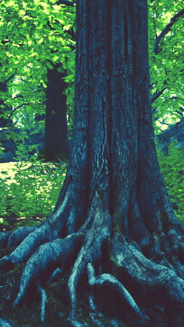 closeup of a tree trunk and roots in a forest