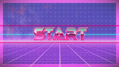 digital animation of start text over neon banner against grid network on purple background