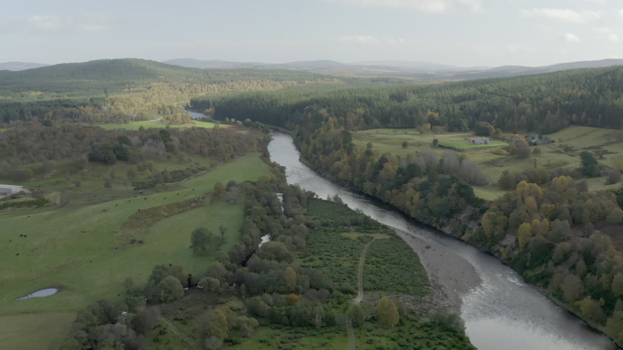 Aerial view of the River Dee near the Scottish town of Ballater in the Cairngorms National Park, Aberdeenshire