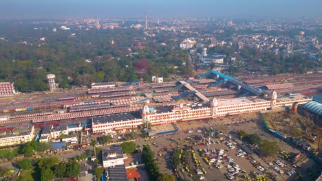 Aerial-view-of-Varanashi-railway-Station,-Drone-view-railway-station