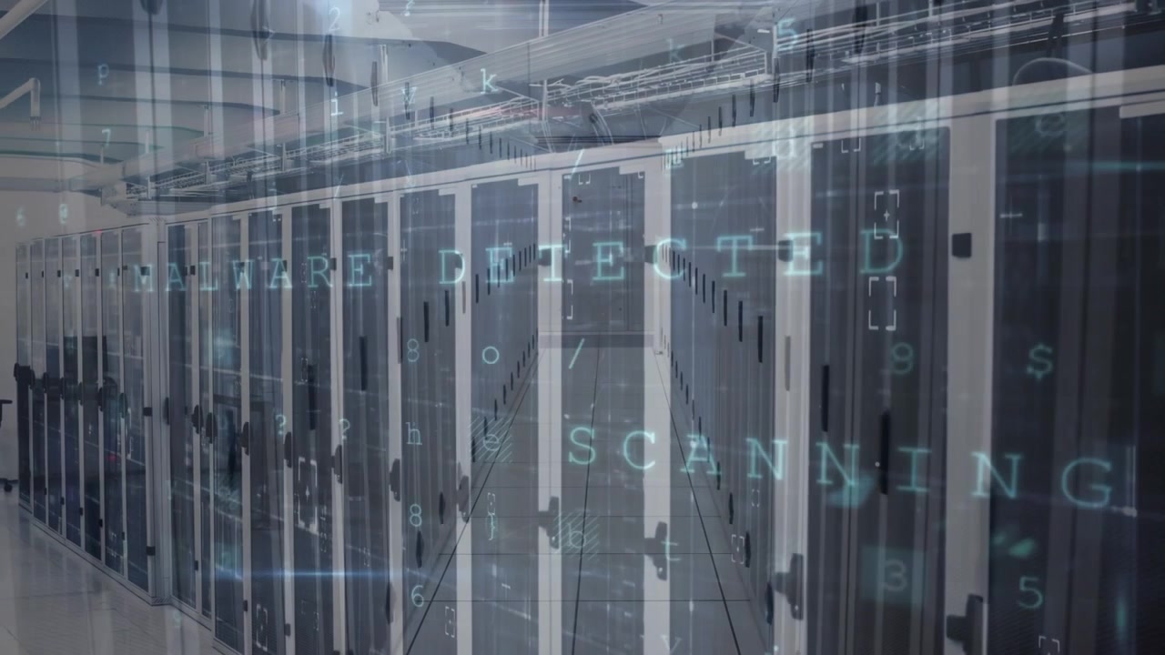 Animation of cyber security data processing over empty computer server room