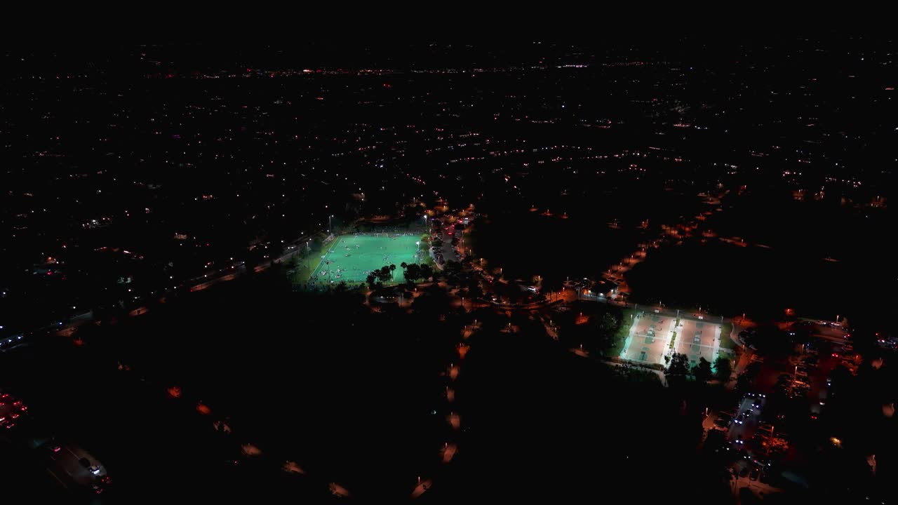 Above View Of The Patricia H. Birdsall Sports Park At Night In Temecula, California, USA. Aerial Drone Shot