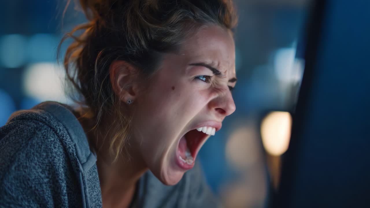 A Frustrated Young Woman Expresses Intense Emotion While Engaged with Her Computer, Capturing a Moment of Raw Anger and Distress in an Intimate Setting
