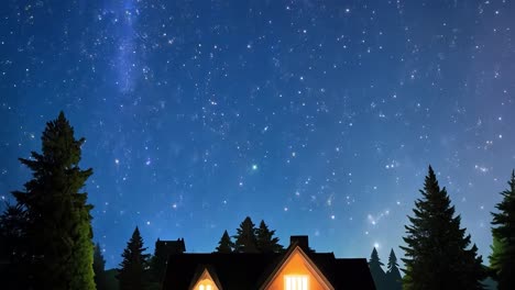 cozy nighttime house in a forest