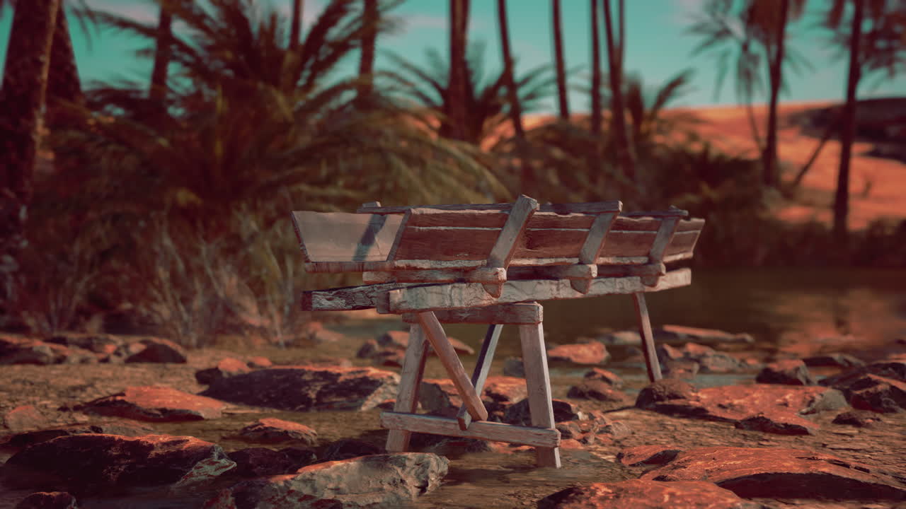 una estructura de madera rústica en un oasis del desierto