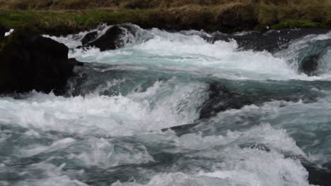 Slow-Motion-of-Glacial-River-Rapids-in-Landscape-of-Iceland,-Close-Up