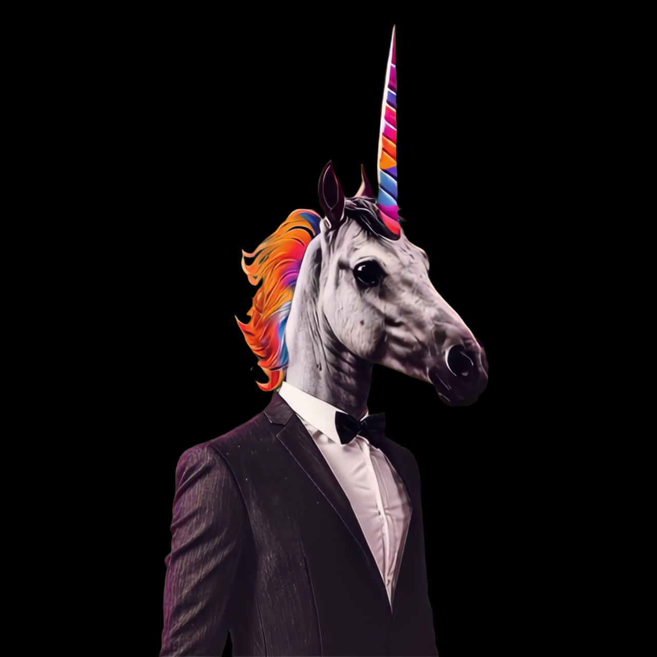 Surreal unicorn in suit animation isolated asset, transparent 4K video, alpha channel, ProRes 4444