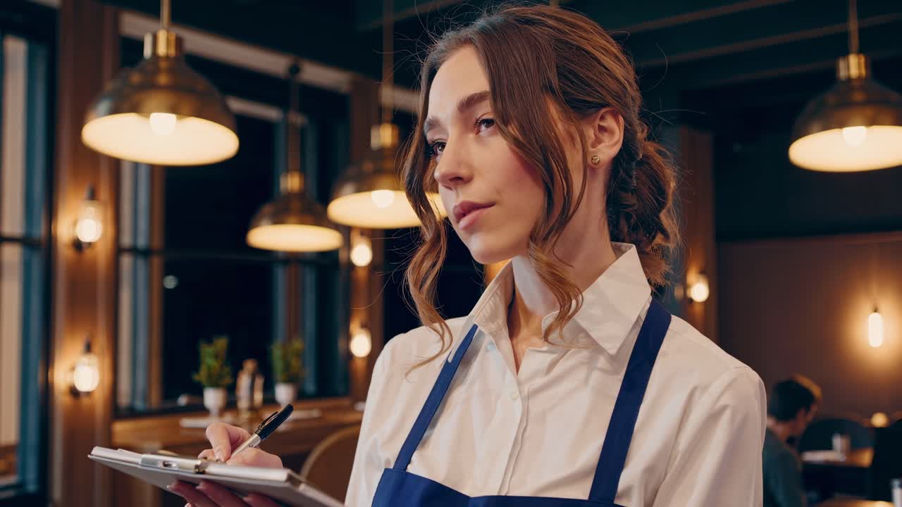 식당 에서 주문 을 하는 웨이트리스