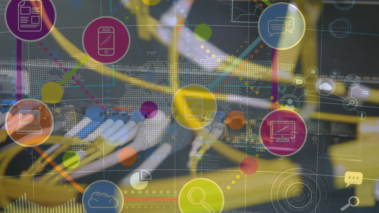 백그라운드에서 컴퓨터 케이블을 통해 디지털 아이콘의 애니메이션