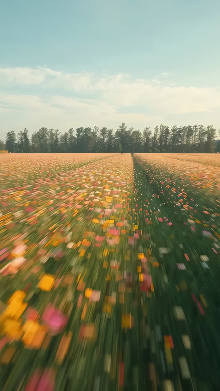 Vídeo vertical: Câmera deslizante avançando por trilha gramada da fazenda revelando fileiras de flores