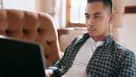 asian man, laptop or thinking on house living room