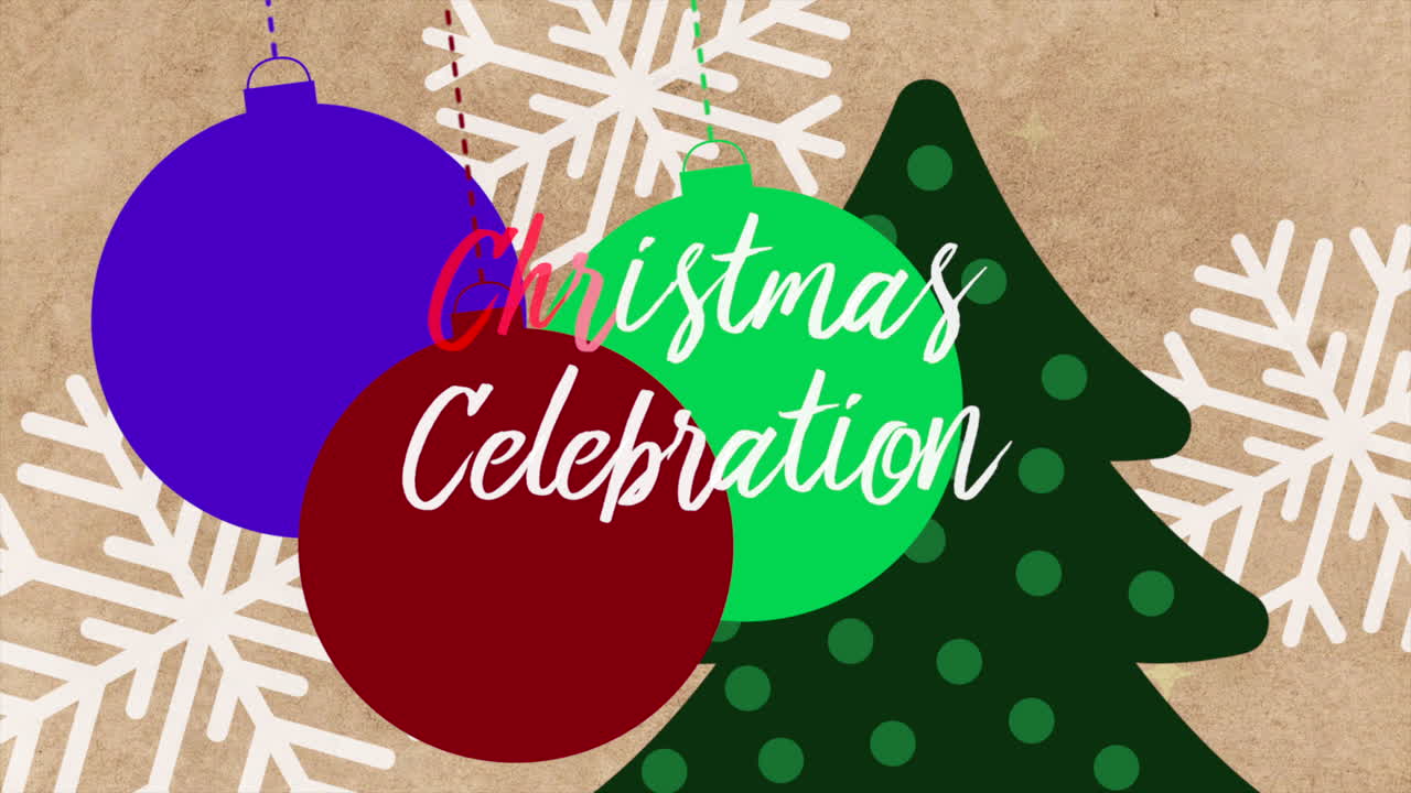 primer plano animado celebración de navidad texto y copos de nieve blancos con árbol y bolas en el fondo de vacaciones