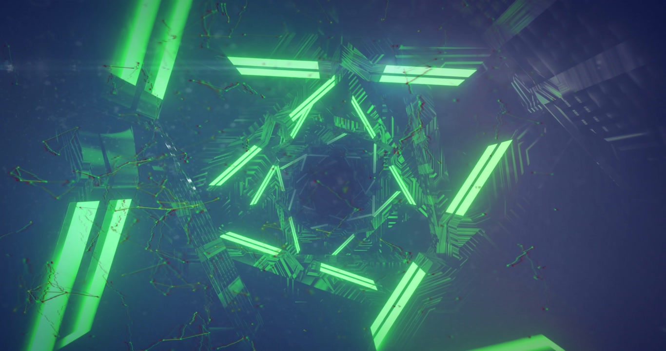 Animazione di una rete di connessioni su un tunnel al neon