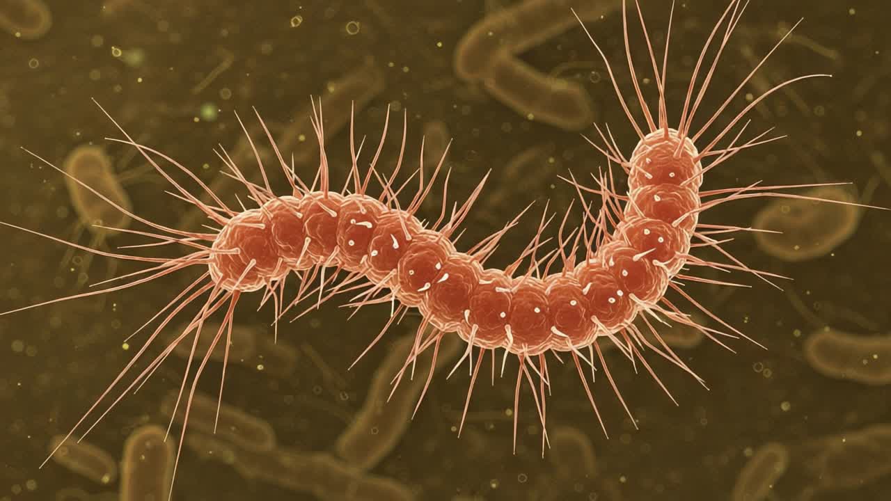 Microscopic Examination of Bacterial Structure: A Close-Up View of a Vibrant Microorganism Displaying Distinct Cellular Features and Hair-Like Projections