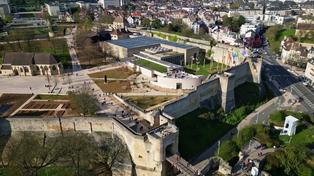 Aerial drone view of architecture and robust fortifications of Chateau de Caen in Normandy. History, medieval defense. France
